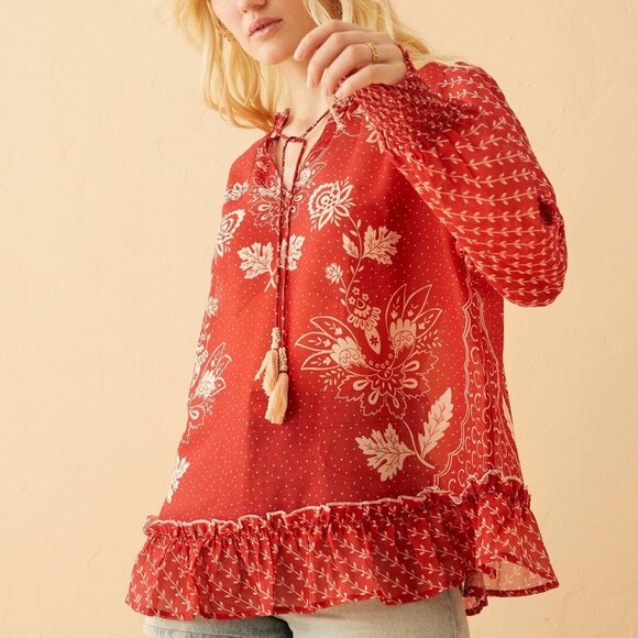 Bohera Floral Peasant Blouse Sheer Long Sleeve Ruffle Hem Tassel Tie Top XL - Picture 2 of 10